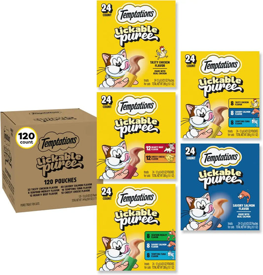 Temptations Creamy Puree Flavor Variety Pack Lickable Cat Treats, 120 Count
