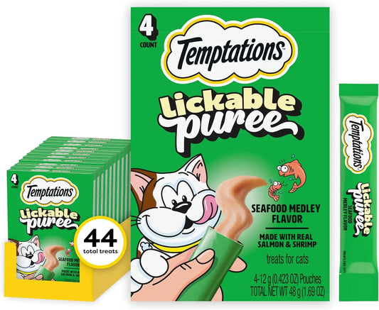 Temptations Creamy Puree Lickable Cat Treats, Seafood Medley, 4 Count, 11pk