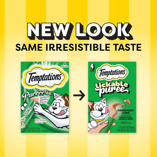 Temptations Creamy Puree Lickable Cat Treats, Seafood Medley, 4 Count, 11pk