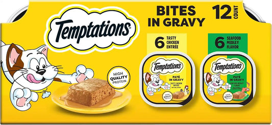 Temptations Pate in Gravy Adult Wet Cat Food Seafood Medley Flavor and Tasty Chicken Flavor, 3.5 oz. Trays (12 Count, Pack of 2)
