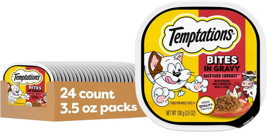 Temptations Bites in Gravy Adult Wet Cat Food Backyard Cookout Flavor, 3.5 oz. Trays (24 Count, Pack of 1)
