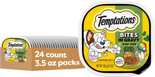 Temptations Bites in Gravy Adult Wet Cat Food Catnip Fever Flavor, 3.5 oz. Trays (24 Count, Pack of 1)