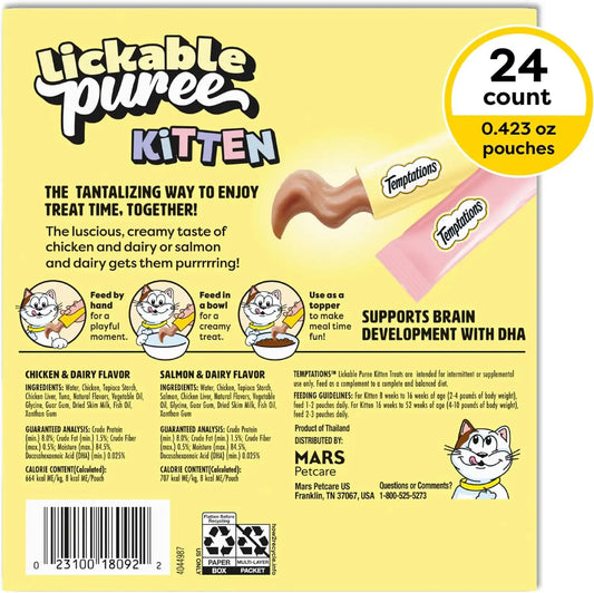 Temptations Lickable Puree Kitten Cat Treats, Chicken & Salmon, 24 Count