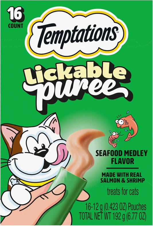 Temptations Creamy Puree Lickable Cat Treats, Seafood Medley, 16 Count