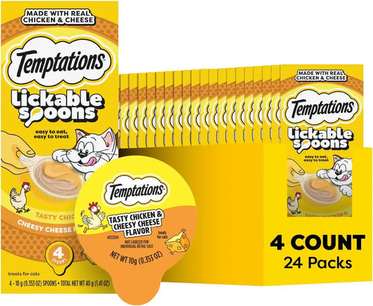 Temptations Lickable Spoons, Soft Lickable Cat Treats, Adult Wet Cat Treats, Tasty Chicken and Cheesy Cheese Flavor, 4 Spoons, Pack of 24 (96 Total)