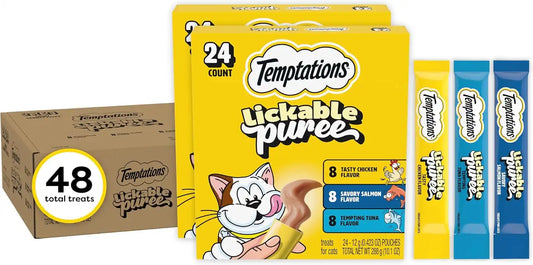 Temptations Creamy Puree Cat Treats, Chicken, Salmon & Tuna, 24 Count, 2pk