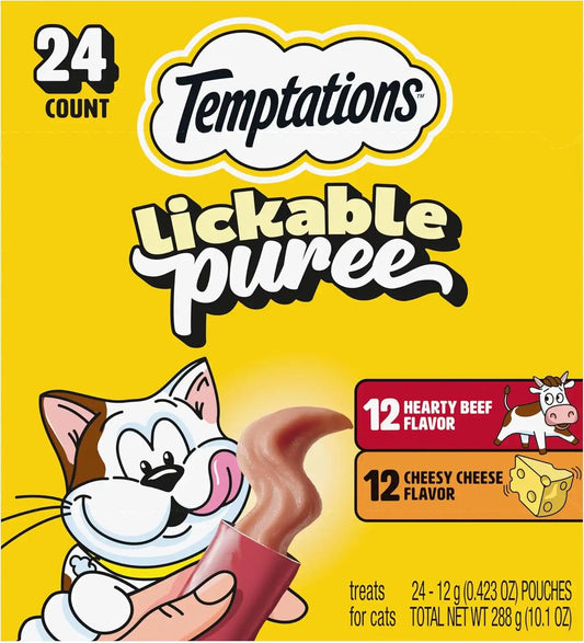 Temptations Creamy Puree Lickable Cat Treats, Beef Liver & Cheese, 24 Count
