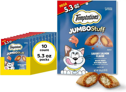 Temptations Jumbo Stuff Crunchy & Soft Cat Treats, Salmon, 5.3 oz, 10 Pack