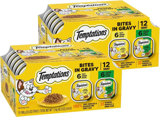 Temptations Bites in Gravy Adult Wet Cat Food Seafood Medley Flavor and Tasty Chicken Flavor, 3.5 oz. Trays (12 Count, Pack of 2)