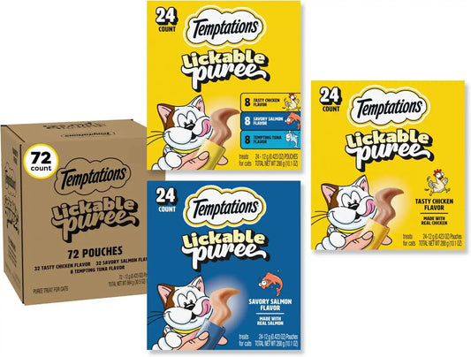 Temptations Creamy Puree Cat Treats, Chicken, Salmon & Tuna, 72 Count