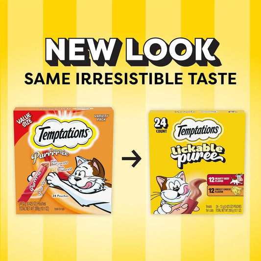 Temptations Creamy Puree Lickable Cat Treats, Beef Liver & Cheese, 24 Count