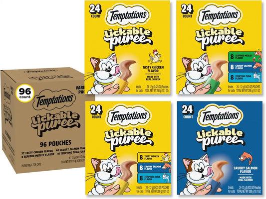 Temptations Creamy Puree Lickable Cat Treats, Variety Pack, 96 Count