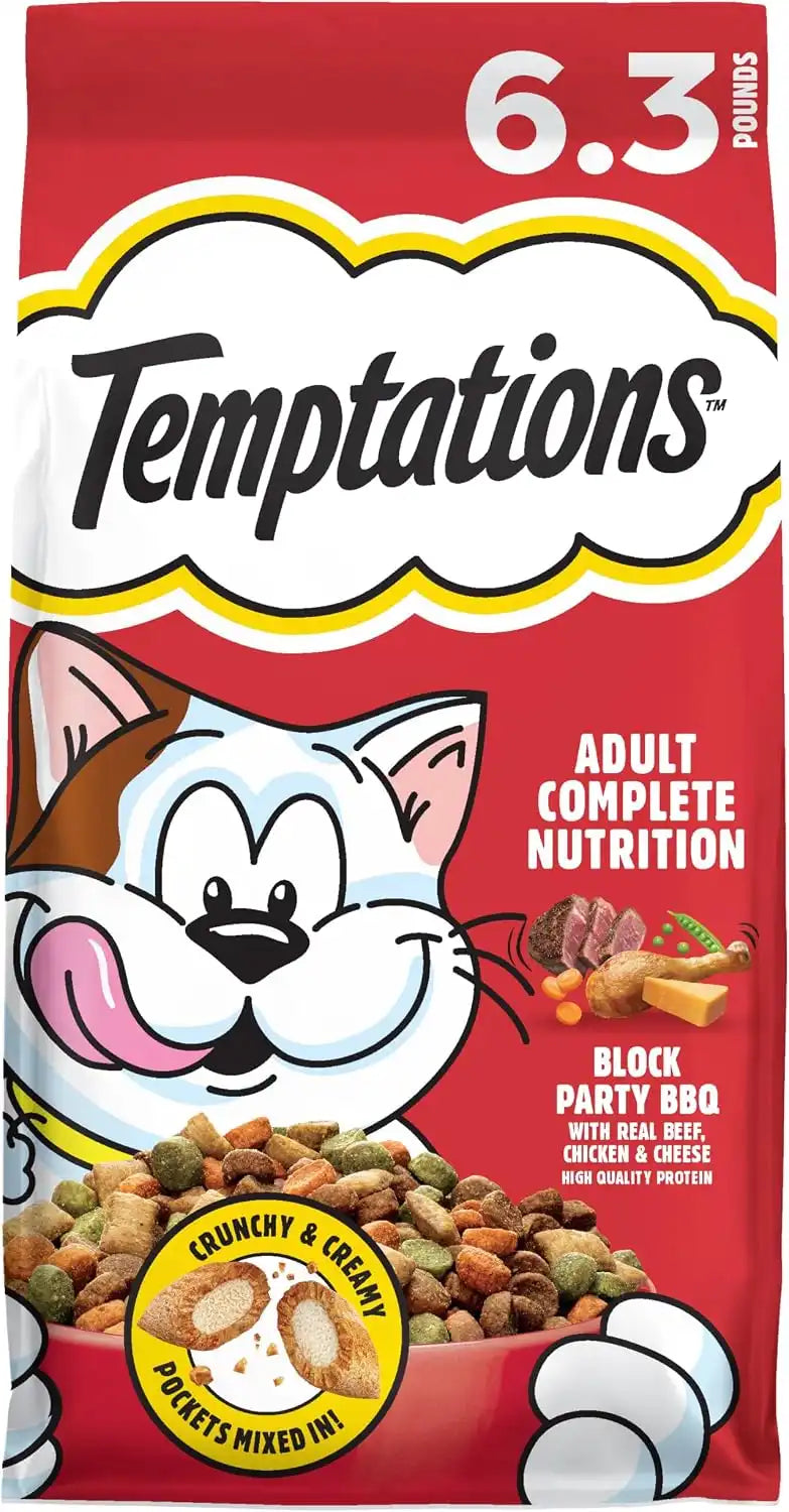 Temptations Adult Dry Cat Food, Block Party BBQ Flavor, 6.3 lb, 3 Pack