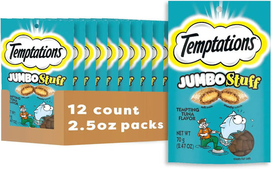 Temptations Jumbo Stuff Crunchy and Soft Cat Treats, Tempting Tuna Flavor, 2.5 oz. Pouch (Pack of 12)