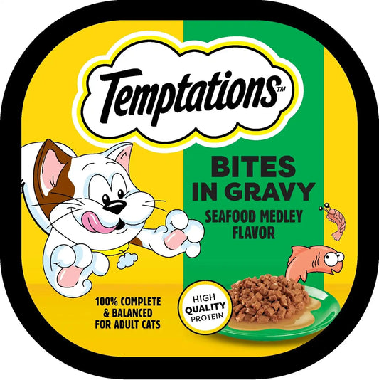 Temptations Wet Cat Food, Seafood Medley Flavor Bites in Gravy, 3.5 oz. Trays (24 Count, Pack of 1)