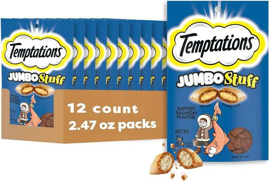 Temptations Jumbo Stuff Crunchy & Soft Cat Treats, Salmon, 2.5 oz, 12 Pack
