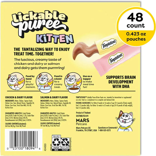 Temptations Lickable Puree Kitten Cat Treats, Chicken & Salmon, 48 Count